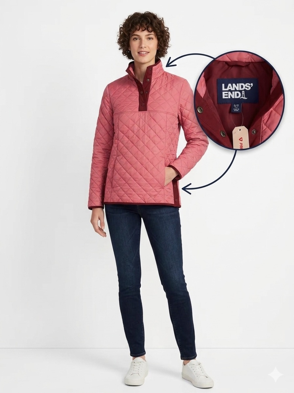Lands' End Women's Primaloft Insulated Quilted Snap Neck Pullover Rose Pink